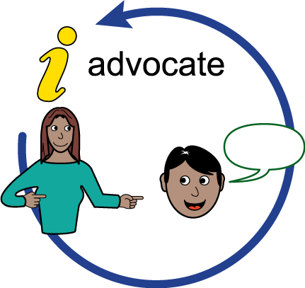 a picture of a person with another person speaking to them, an information sign and a circular arrow wrapped around them