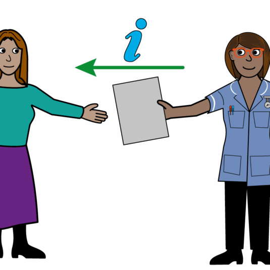 illustration of a nurse handing information to a lady