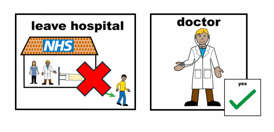 image of a person leaving a hospital with a red cross. Then a picture of a doctor with a green tick