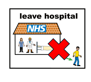 image of a person leaving a hospital with a red cross. Then a picture of a doctor with a green tick