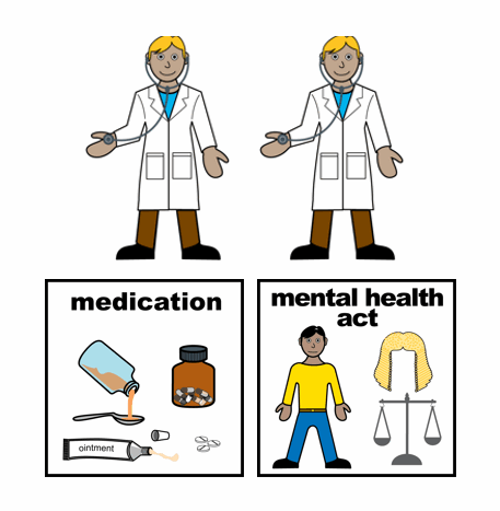 an image of two doctors, some medication and a judges wig and scales