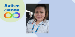 Sarah Wilson in nurse uniform alongside text that says Autism Acceptance. The background shows a rainbow infinity symbol.