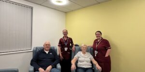 Mick and Monica Metson with the research trial delivery team. L-R: Mick Metson, Sara Pick (Senior Research Nurse RRDN, NIHR Agile Research Delivery Team), Monica Metson, Alex Ramshaw (NIHR Agile Research Delivery Team Manager)