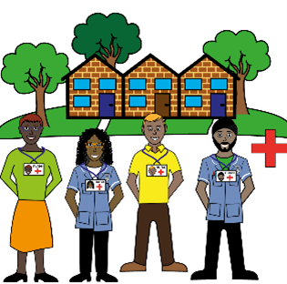 NHS Staff in front of buildings