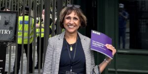 Huma outside the House of Commons with the new Beat report