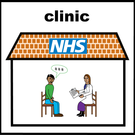 drawing of a doctor sat in a building with a patient