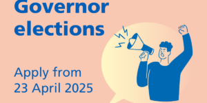 illustration of a man making an announcement with the words Governor elections. Apply from 23 April 2025