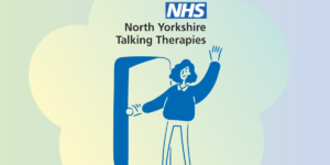 An illustration of a woman opening a door waving with the NHS North Yorkshire Talking Therapies logo above